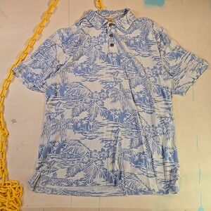 Jos A Bank Mens L Palm Hibiscus Print Polo Shirt Ice Blue White Silk Blend 20x27
